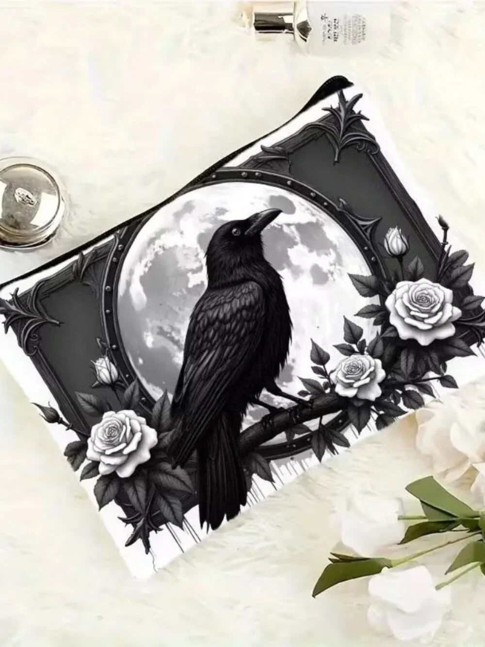 Halloween Dark Goth Black Bird White Rose Make Up Bag Double-Sided 6.3h